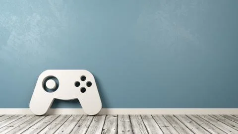 White Gamepad Controller 3D Symbol Shape on Wooden Floor Against Blue Wall wi Stock Illustration