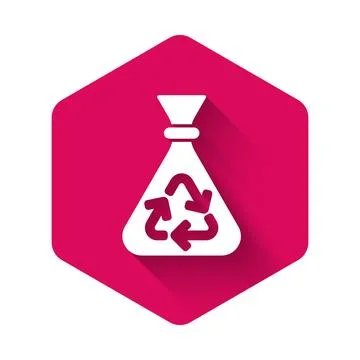 White Garbage bag with recycle symbol icon isolated with long shadow. Trash c Stock Illustration