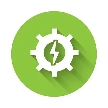 White Gear and lightning icon isolated with long shadow background. Electri.. Stock Illustration