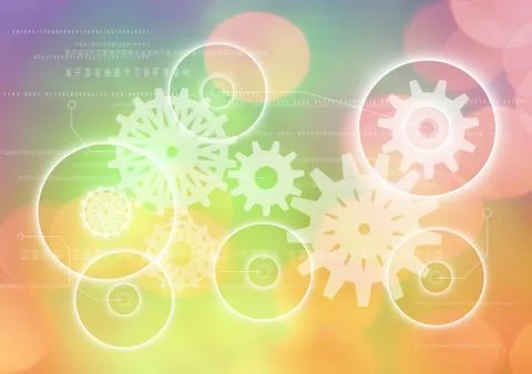 White gear graphics against multi-coloured bokeh Stock Illustration