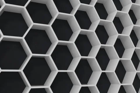 White geometric hexagonal abstract background with black wall, 3D rendering Illustrazione stock