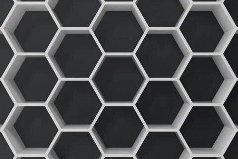 White geometric hexagonal abstract background with black wall, 3D rendering Illustrazione stock