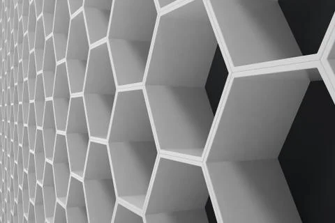 White geometric hexagonal abstract background with black wall, 3D rendering Stock Illustration
