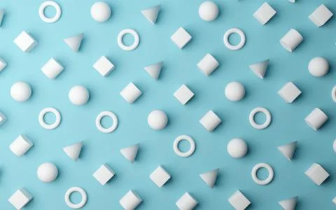 White geometric primitives pattern flat lay background texture on blue cyan b Stock Illustration