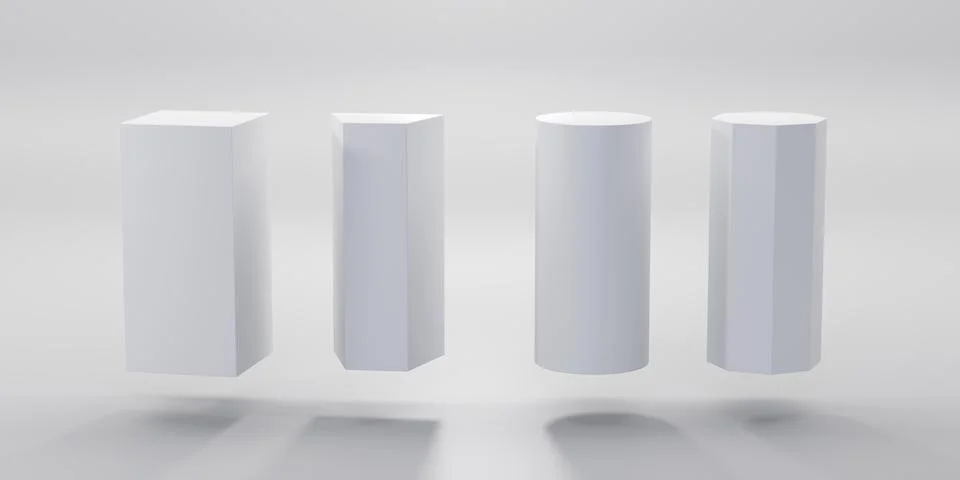 White geometric shapes set, rectangle, trapeze, cylinder and octagon. Empty Illustrazione stock