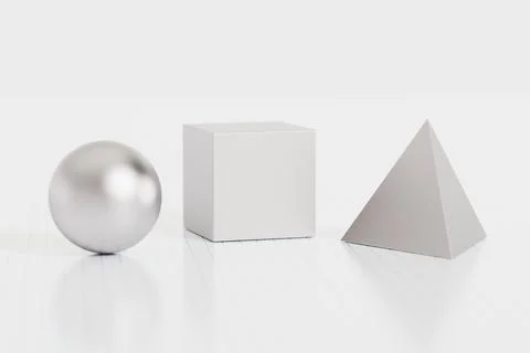 White geometric sphere cube and pyramid on glossy studio floor Stock Illustration