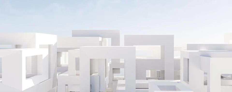 White geometric structures under a clear blue sky 3d render illustration Stock Illustration