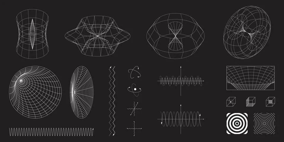 White geometric waveforms, force field diagrams, optical illusions, and atomic Illustrazione stock