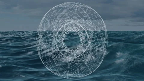 White geometric wireframe torus floating above dark blue ocean waves, showing 3D Stock Footage 307433271