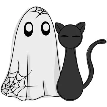 White Ghost And Black Cat Halloween Illustration Stock Illustration