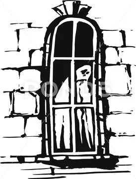 White ghost appeared in the window of an old castle Stock Illustration