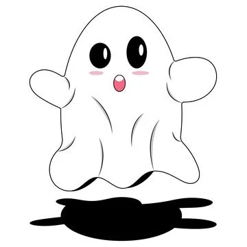 White ghost with big eyes, open mouth, pink cheeks and black shadow. Illustrazione stock
