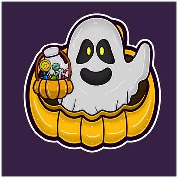 White Ghost On Big Pumpkin Cartoon. Halloween Sticker Logo. Illustrazione stock