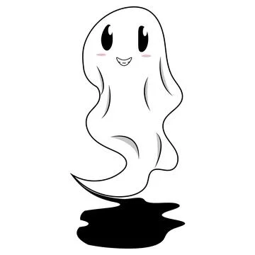 White ghost with black eyes, smiling, black shadow. Illustrazione stock