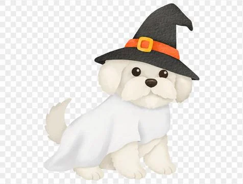 White ghost dog wearing witch hat cute watercolor Halloween vector. Stock Illustration