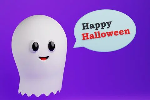 White ghost with eyes with text cloud happy halloween, 3d render Stock Illustration