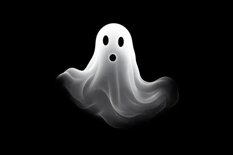 White ghost floating on black background with surprised expression Stock Illustration