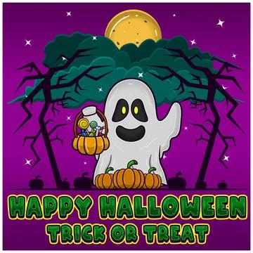 White Ghost Holding Candy. Happy Halloween. Trick or Treat. Greeting Card, .. Stock Illustration