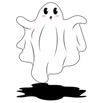 White ghost with large eyes and black shadow. Illustrazione stock