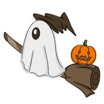 White Ghost Pumpkin And Broom Halloween Illustration Stock Illustration