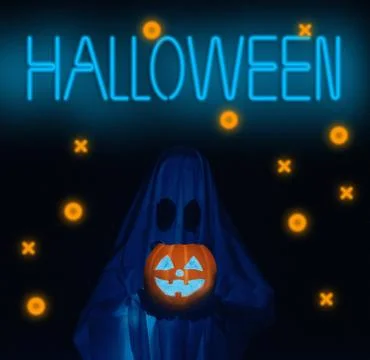 White ghost with pumpkin and neon sign Halloween. Stock Photos
