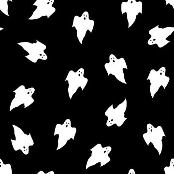 White ghosts on black background seamless pattern 库存插图