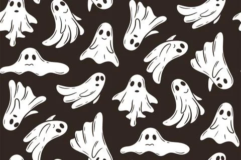 White ghosts on dark background seamless pattern 스톡 일러스트