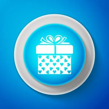 White Gift box and heart icon isolated on blue background. Packaging Valentine's 스톡 일러스트