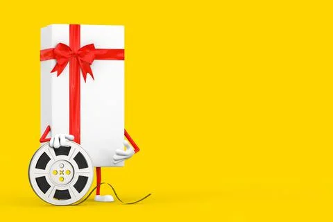 White Gift Box and Red Ribbon Character Mascot with Red Map Pointer Target Pi Stock Illustration