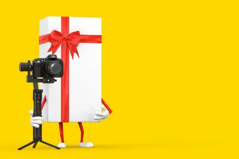 White Gift Box and Red Ribbon Character Mascot with DSLR or Video Camera Gimb Stock-Illustration