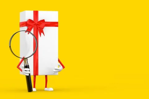White Gift Box and Red Ribbon Character Mascot with Magnifying Glass. 3d Rend Illustrazione stock