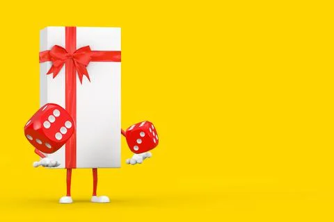 White Gift Box and Red Ribbon Character Mascot with Red Game Dice Cubes in Fl Stock Illustration