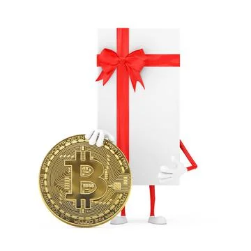 White Gift Box and Red Ribbon Character Mascot with Digital and Cryptocurrenc Stock Illustration