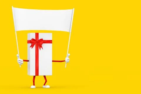 White Gift Box and Red Ribbon Character Mascot and Empty White Blank Banner w Stock Illustration