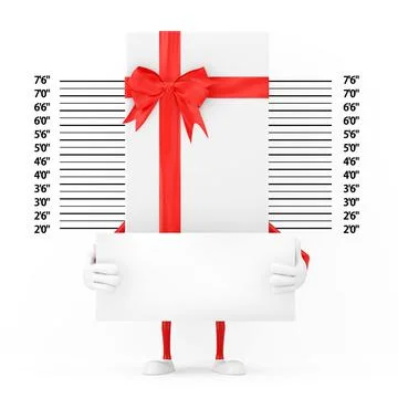 White Gift Box and Red Ribbon Character Mascot with Identification Plate in f Stock-Illustration