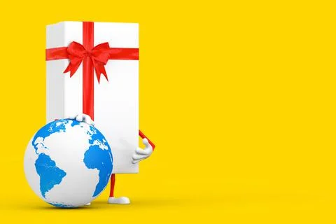White Gift Box and Red Ribbon Character Mascot with Earth Globe. 3d Rendering Illustrazione stock