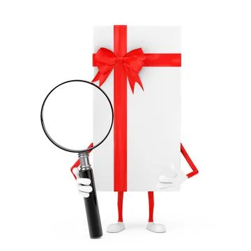 White Gift Box and Red Ribbon Character Mascot with Magnifying Glass. 3d Rend Stock-Illustration