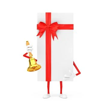 White Gift Box and Red Ribbon Character Mascot with Vintage Golden School Bel Stock Illustration