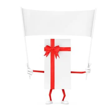 White Gift Box and Red Ribbon Character Mascot and Empty White Blank Banner w Stock Illustration