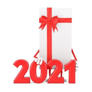 White Gift Box and Red Ribbon Character Mascot with 2021 New Year Sign. 3d Re Stock Illustration