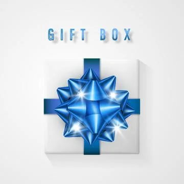 White gift box with blue bow and ribbon top view. Element for decoration gift Stock Illustration