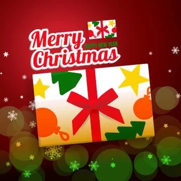 White gift box with bright Christmas prints and red ribbons, on gray-blue bac Stock Illustration