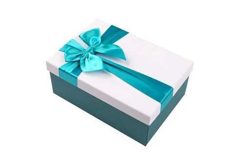 White gift Box with celeste ribbon Isolated on white background.. Stock Photos