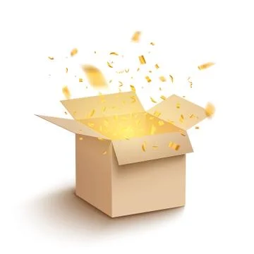 White gift box confetti explosion. Magic open surprise gift box package Stock Illustration