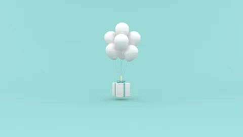 White gift box hanging on white balloons on cute blue background Stock Footage 93689784