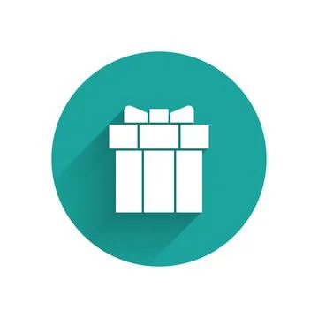 White Gift box icon isolated with long shadow. Valentines day. Green circle 스톡 일러스트