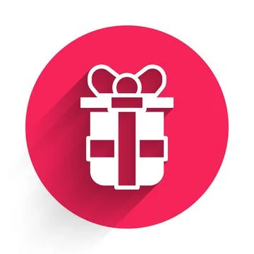 White Gift box icon isolated with long shadow. Happy Birthday. Red circle button Stock Illustration