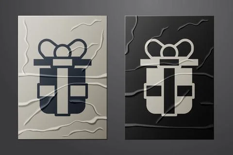 White Gift box icon isolated on crumpled paper background. Happy Birthday. Paper Stockillustratie