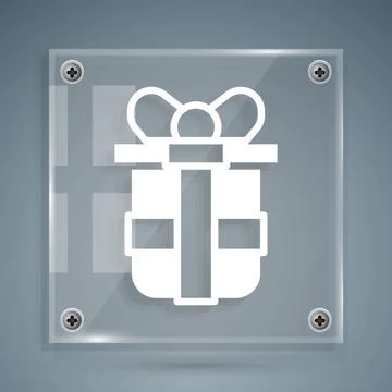White Gift box icon isolated on grey background. Happy Birthday. Square glass Illustrazione stock