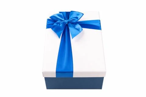 White gift Box with light blue ribbon Isolated on white background Stock Photos